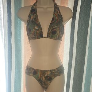 Peacock Print Halter Bikini Set - Women Swim